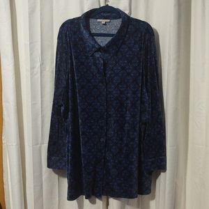 Plush velour button down shirt in blue print